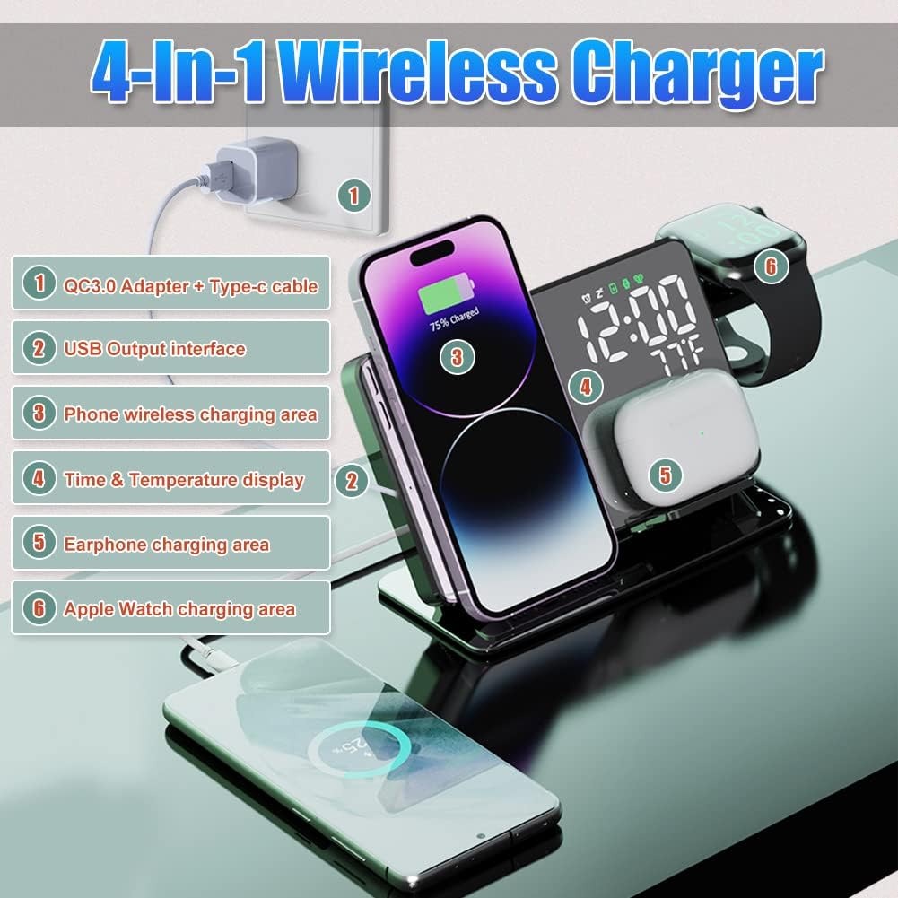 15W 4-in-1 Wireless Charging Alarm Clock